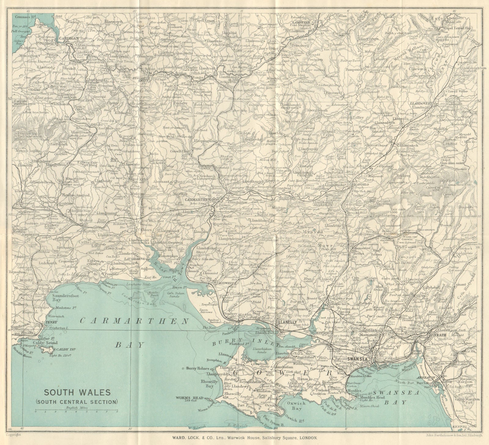 SOUTH WALES Cardigan Swansea Neath Carmarthen Llanelli Tenby. WARD LOCK 1938 map